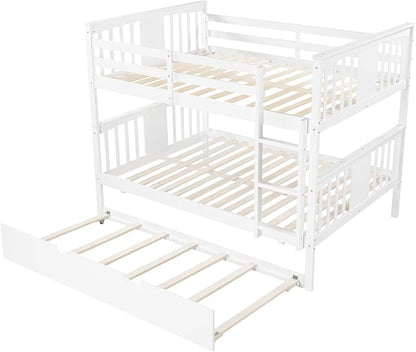 Merax Full Over Full Bunk Bed with Trundle, Convertible to Two Separate Beds, Solid Pine Wood Frame with Safety Guardrail & Headboard/Footboard, Sturdy Durable Design, No Box Spring Needed, White
