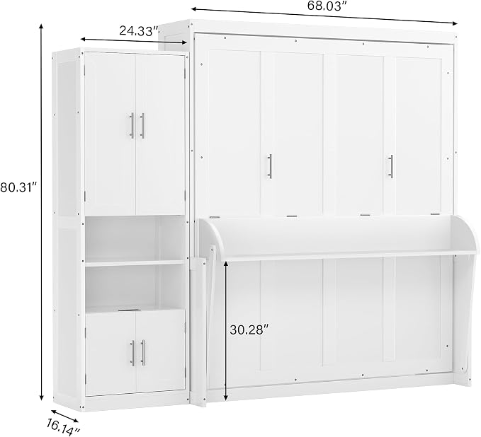 PVWIIK Queen Size Murphy Multifunctional Bed Frame with Desk & Storage Shelf & USB for Adult Boys Girls,Wall Bedframe Folding into Cabinet Design,White