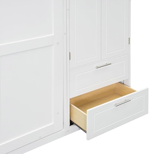 Murphy Bed Queen Size,Murphy Bed with Top Cabinet and Shelves,Space-Saving Multifunctional Hideaway Wall Foldable Bed w/Slat Support,Bedroom Folding Bedframe for Guest Room,White