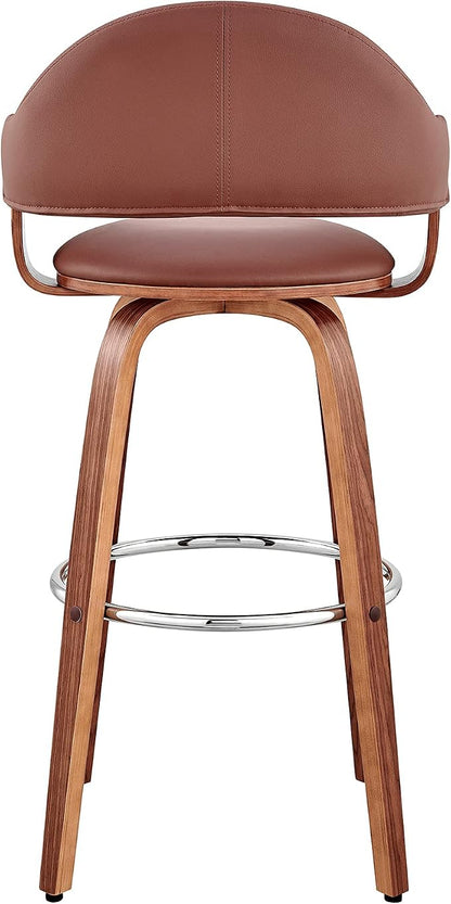 Armen Living Daxton Mid Century Modern Swivel Bar Stool for Kitchen Island Counter in Brown Faux Leather and Walnut Wood, 26" Seat Height