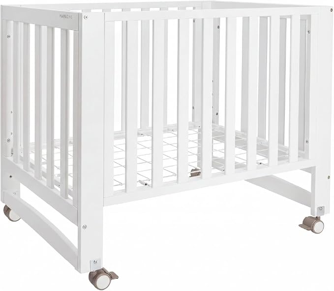 MAMAZING EvoNest 6-in-1 Convertible Baby Mini Crib with Wheels, GREENGUARD Gold Certified, 4 Adjustable Mattress Heights, 100% New Zealand Pine Wood, Portable Woodern Crib for Small Spaces, White