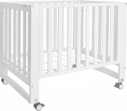 MAMAZING EvoNest 6-in-1 Convertible Baby Mini Crib with Wheels, GREENGUARD Gold Certified, 4 Adjustable Mattress Heights, 100% New Zealand Pine Wood, Portable Woodern Crib for Small Spaces, White
