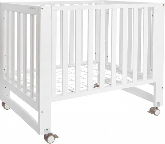 MAMAZING EvoNest 6-in-1 Convertible Baby Mini Crib with Wheels, GREENGUARD Gold Certified, 4 Adjustable Mattress Heights, 100% New Zealand Pine Wood, Portable Woodern Crib for Small Spaces, White