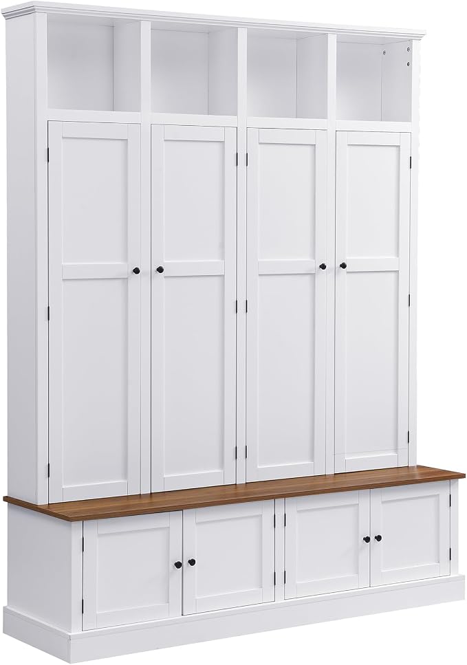 Hall Tree with Bench and Shoe Storage,Shoe and Coat Rack with Drawer and Hooks,Farmhouse Furniture for Entryway,Mudroom,Living Room,Black (White, 59" W)
