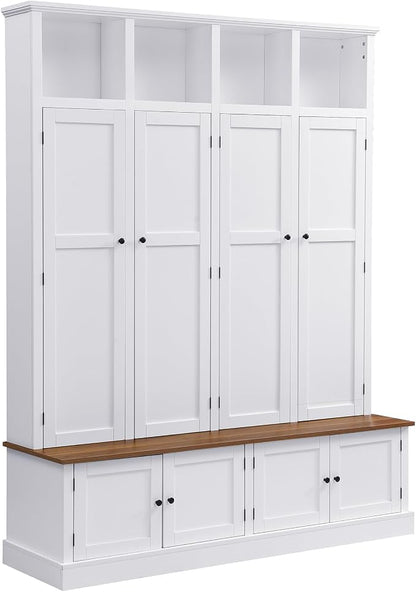 Hall Tree with Bench and Shoe Storage,Shoe and Coat Rack with Drawer and Hooks,Farmhouse Furniture for Entryway,Mudroom,Living Room,Black (White, 59" W)