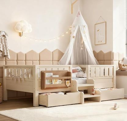 Bellemave Twin Size Kids Bed with high Rails and with Built-in Bookshelf and Drawers for Kids, Girls, Boys, Wood Montessori Bed Without Door, Beige