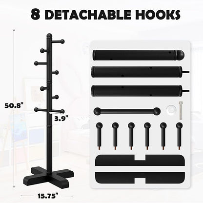 Coat Rack, Freestanding Coat Racks with 8 Hooks 2 Adjustable Height, Tree Coat Rack for Bedroom, Hallway, Entrance, Office, Hats, Handbags,Purse (BLACK)