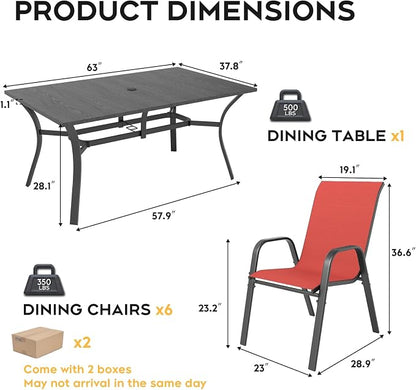 Outdoor Dining Set for 6, 7pcs Patio Table and Chairs Set with Adjustable Umbrella Hole,Heavy Duty 63”x37.8” Metal Dining Table and Stackable Patio Chair for Yard, Garden, Porch