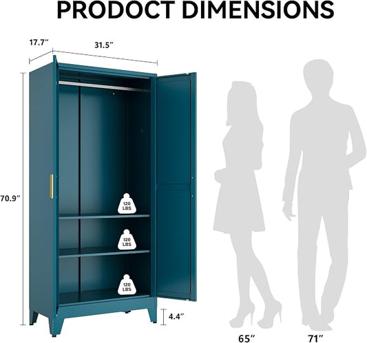 COFaR Armoire Wardrobe Closet, 71" Convertible 2-in-1 Metal Cabinet with Adjustable Rod & Shelves, Freestanding Hanging & Storage Organizer (Peacock Blue)