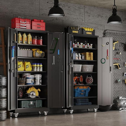 Aobabo Metal Storage Cabinet with Wheels and Door Pegboard | Garage and business storage for tools and office supplies; 5 adjustable shelves, lockable black cabinet, 16"D x 32"W x 71"H