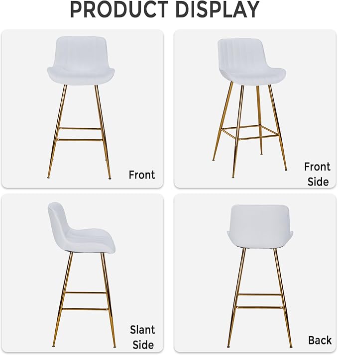 Sidanli Velvet Bar Stools with Gold Legs, Set of 2 Counter Height Stools for Kitchen Island, 29 Inch Modern Barstools with Swivel Leveling Feet, White
