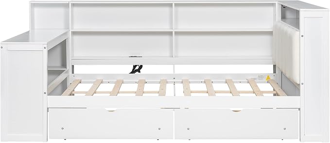 Bellemave Full Corner Bed with Storage Shelves and Desk, Upholstered Headboard Daybed with Bookcase and Drawers，Daybed with Storage, White+Beige Cushion
