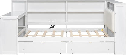 Bellemave Full Corner Bed with Storage Shelves and Desk, Upholstered Headboard Daybed with Bookcase and Drawers，Daybed with Storage, White+Beige Cushion