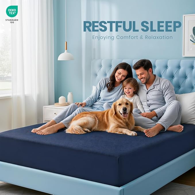 Full Size Mattress Protector Waterproof, Premium 200 GSM Terry Mattress Cover, Soft & Breathable Bed Cover, Fitted Sheet Style Stretchable Deep Pockets 15" by Utopia Bedding (Navy Blue)