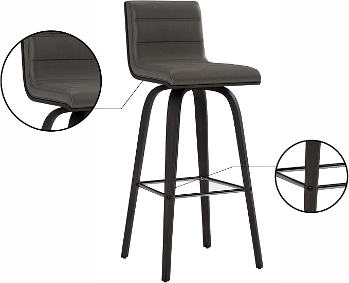 Armen Living Vienna Modern Swivel 30" Bar Height Barstool with Gray Faux Leather and Black Wood Finish