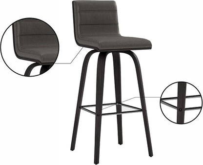 Armen Living Vienna Modern Swivel 30" Bar Height Barstool with Gray Faux Leather and Black Wood Finish