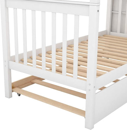 Solid Wood Twin Over Twin Bunk Bed with Trundle, Staircase, 4 Storage Shelves and Guard Rail, Can be Split Into 3 Separate Beds, No Box Spring Needed (White+3 Bed)