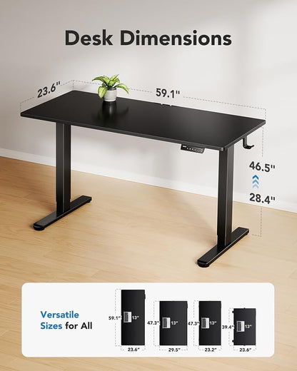 HUANUO Electric Standing Desks, Whole Piece Desktop, Adjustable Height Computer Desk, 4 Height Memory Settings, Sit Stand Up Desk for Home Office, 60" x 24", Black