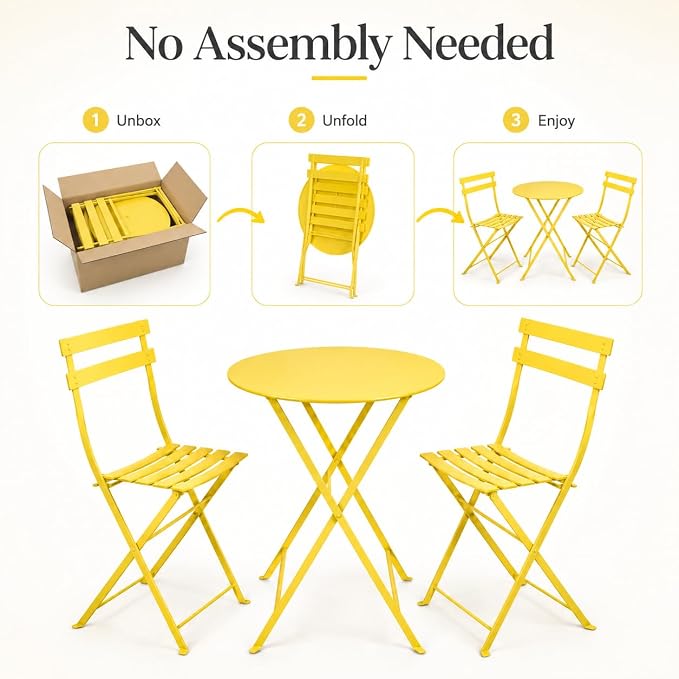 Small 3 Piece Patio Set, Bistro Table and Chairs Set of 2, Outdoor Folding Coffee Table, Outdoor Patio Furniture Set for Balcony, Yard, Garden, Yellow (Yellow)