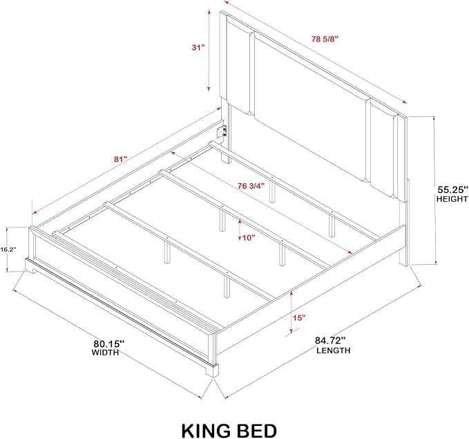 Kings Brand Furniture Linden 4-Piece Bedroom Set, King Size Bed Frame with Upholstered Headboard, Dresser with Mirror and 2-Drawer Nightstand, Oak Finish