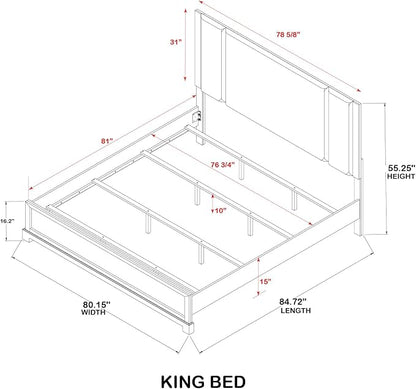 Kings Brand Furniture Linden 4-Piece Bedroom Set, King Size Bed Frame with Upholstered Headboard, Dresser with Mirror and 2-Drawer Nightstand, Oak Finish