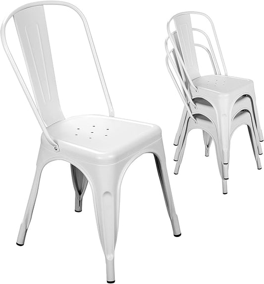 Nazhura Metal Dining Chair Farmhouse Tolix Style for Kitchen Dining Room Café Restaurant Bistro Patio, 18 Inch, Stackable, Waterproof Indoor/Outdoor (Sets of 4) (White)