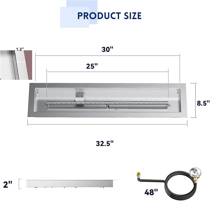 Skyflame 30" Linear Stainless Steel Fire Pit Drop-in Burner Kit with Flame Sensing, Electronic Spark Ignition, and Propane Regulator Hose Set