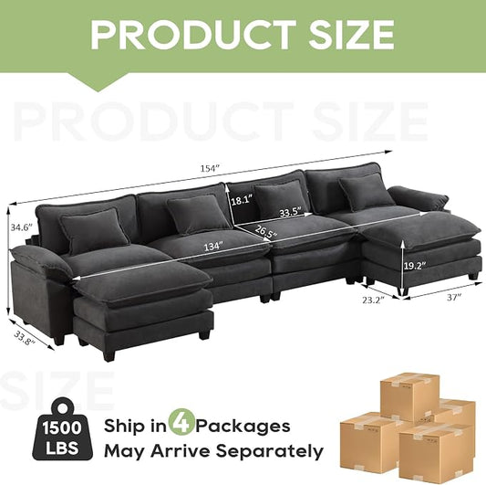 Oprisen 154" Modular Sectional Sofa, Comfy Cloud Couch Sectional Sofa with Ottoman, Velvet Sofa Sleeper Deep Seat Sofa with Throw Pillows for Living Room (Blue Gray, 154"- U Shape)