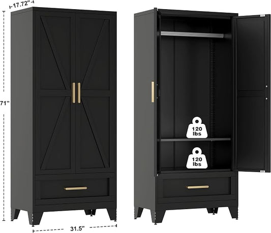 QINPTWUT 71" Tall Metal Wardrobe with Doors, Hanging Rod & Adjustable Shelf, Freestanding Steel Armoire for Bedroom Home Office, 1-Drawer Black