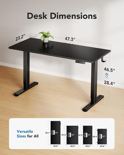 HUANUO Electric Standing Desk, Whole Piece Desktop, Adjustable Height Computer Desk, 4 Height Memory Settings, Sit Stand Up Desk for Home Office, 48" x 24", Black
