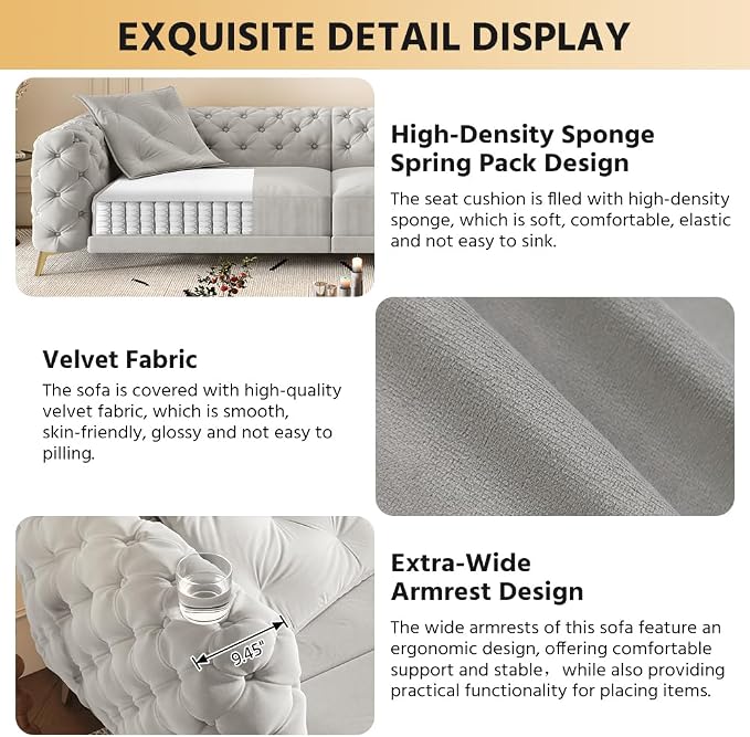 97.7'' Pull Out Sofa Bed King, Chesterfield Velvet Sleeper Sofa, Convertible L-Shaped Futon Couch, Tufted Back, Ottoman, Deep Seat Loveseat Couches for Living Room, Apartment, Light Gray