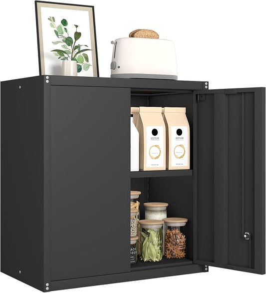 GREATMEET Metal Garage Storage Cabinet with Lock, Metal Wall Cabinets for Garage, Wall Mount Cabinet, Upper Cabinets Wall Mounted, Utility Cabinet with Adjustable Shelf for Home Office, Black