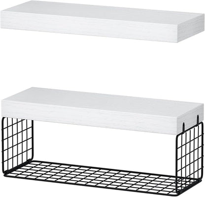QEEIG Bathroom Shelves Over Toilet - Wall Mounted Floating Shelves Toilet Paper Storage Small Farmhouse Decor Shelf 16 inch Set of 2, White and Black (019-WB2)