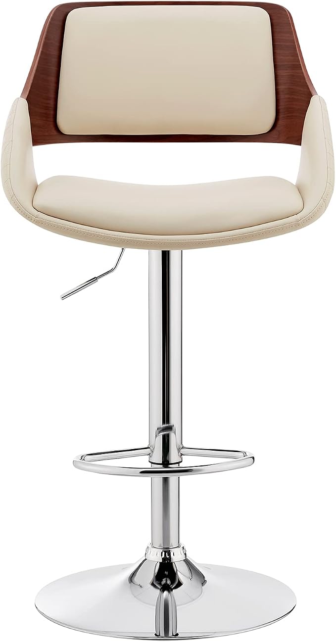 Armen Living Colby Modern Adjustable Height Swivel Cream Faux Leather and Walnut Wood Bar Stool with Chrome Base for Kitchen Island Counter