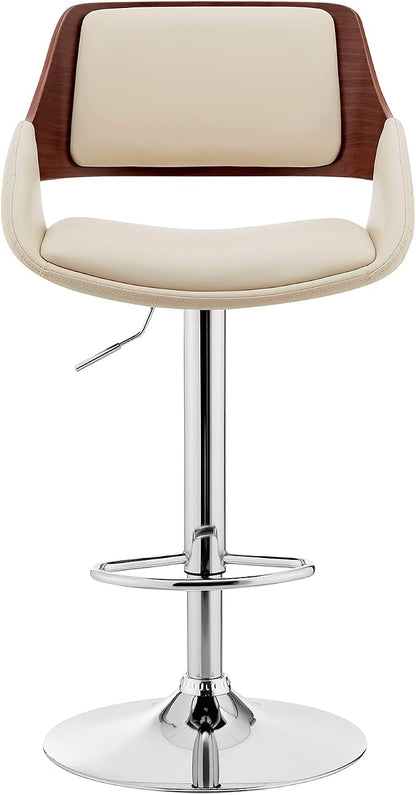 Armen Living Colby Modern Adjustable Height Swivel Cream Faux Leather and Walnut Wood Bar Stool with Chrome Base for Kitchen Island Counter