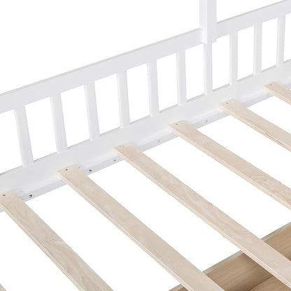 Merax Twin Size House Bed with Upholstered Sofa Seat, White L-Shape Wooden Platform Bed Frame with Two Drawers and Storage Shelf