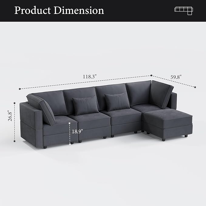 Vesgantti Sectional Couches with Storage Seats, 118" L Shaped Convertible Modular Sectional Sofa, 4 Seat & 1 Ottoman Velvet Storage Chaises Deep Seat Couch for Living Room, Bedroom, Apartment, Gray