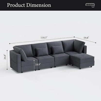 Vesgantti Sectional Couches with Storage Seats, 118" L Shaped Convertible Modular Sectional Sofa, 4 Seat & 1 Ottoman Velvet Storage Chaises Deep Seat Couch for Living Room, Bedroom, Apartment, Gray