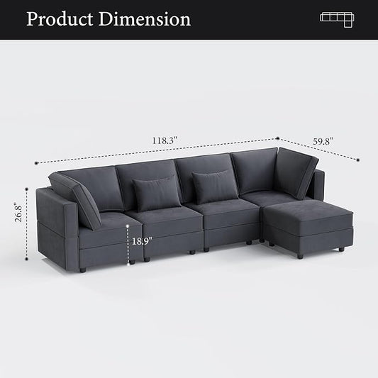 Vesgantti Sectional Couches with Storage Seats, 118" L Shaped Convertible Modular Sectional Sofa, 4 Seat & 1 Ottoman Velvet Storage Chaises Deep Seat Couch for Living Room, Bedroom, Apartment, Gray