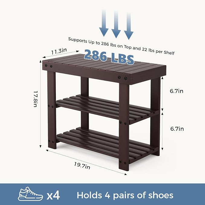 DUMOS Wooden Shoe Rack Bench with Storage, 3-Tier Bamboo Entryway Benches, Shoe Rack Holds Up to 286 lb Storage Organizer, 11.3 x 19.7 x 17.8 Inches, Suitable for Bedroom Living Room Balcony, Brown