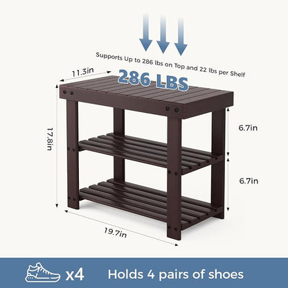 DUMOS Wooden Shoe Rack Bench with Storage, 3-Tier Bamboo Entryway Benches, Shoe Rack Holds Up to 286 lb Storage Organizer, 11.3 x 19.7 x 17.8 Inches, Suitable for Bedroom Living Room Balcony, Brown