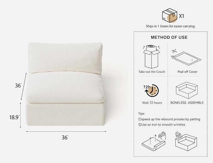 36 Inch Middle Seat | Modular Sectional Couch Sofa | Ivory White