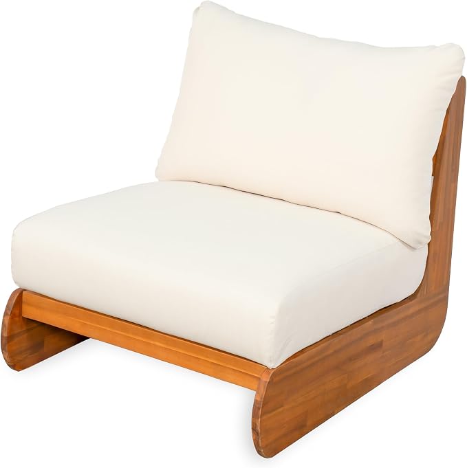 Merax Outdoor All-Weather Acacia Wood Single Sofa with Cushion, Patio Lounge Chair for Porch, Lawn, Backyard, Balcony, Beige +Teak