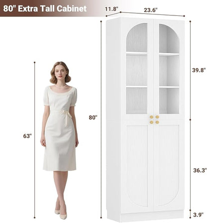 Cyclysio 80" Kitchen Pantry, Tall Arch Storage Cabinet with Tempered Glass & Soft Close Doors, Freestanding Wood Floor Cupboard Bookcase with Seamless Fit Wall for Dining Room, Living Room, Bathroom