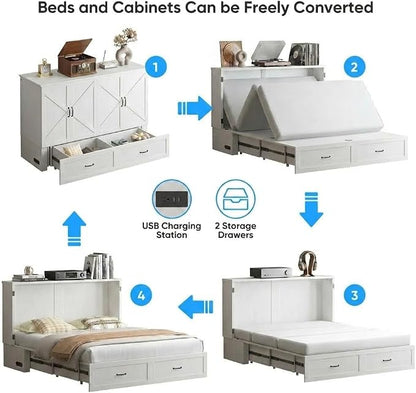 PUREMIND Murphy Bed Queen, Crisscross Frame Cabinet Beds Chest with Charging Station & Storage Drawers, Convertible Hideaway Cabinet Bed for Guest Room, White, Without Mattress