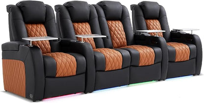 Weilianda Home Theater Seating Top Grain Leather Zero Gravity Recliner Chair Power Headrest Recline Movie Seat Gaming 7 Colors Mood Light Sofa with Tray Table Row of 4 Loveseat Middle Black Camel