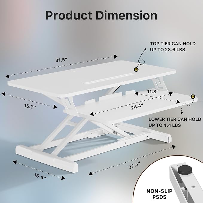 JOY worker Standing Desk Converter, 32" Wide Height Adjustable Sit Stand Up Desk Riser with Keyboard Tray, Desktop Workstation Riser for Home Office Computer Laptop, Particle Board, White