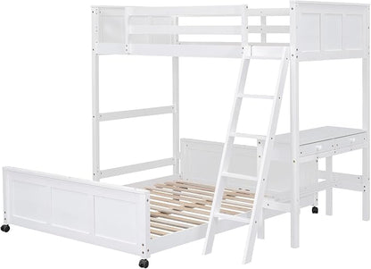 Ball & Cast Twin Over Full Bunk Bed with Safty Guardrail & Stairway,Heavy Duty Wood Loft Bedframe W/Desk & Drawers,Easy Assembly,Versatile Functional Bedroom Furniture Set for Boy Girl Teens,White