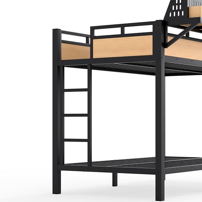 Bellemave Bunk Bed Twin XL Over Twin XL，Metal Bunk beds with Storage Shelves USB Ports and LED Lights, Natural
