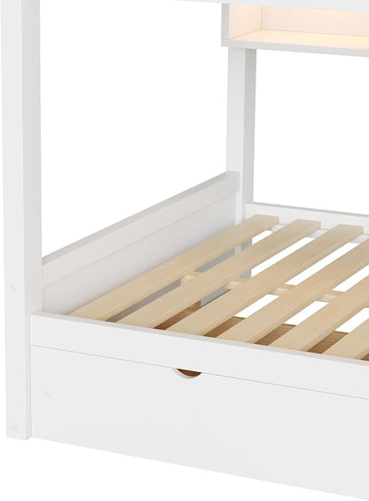 Wood Bunk Bed Full XL over Full XL Size with Built-in Storage Cabinets, 2 Drawers and LED Light, Versatile Bunk Bed Frame with Ladder and Guardrail for Kids Teens Adult, Maximize Space (White-1.13)